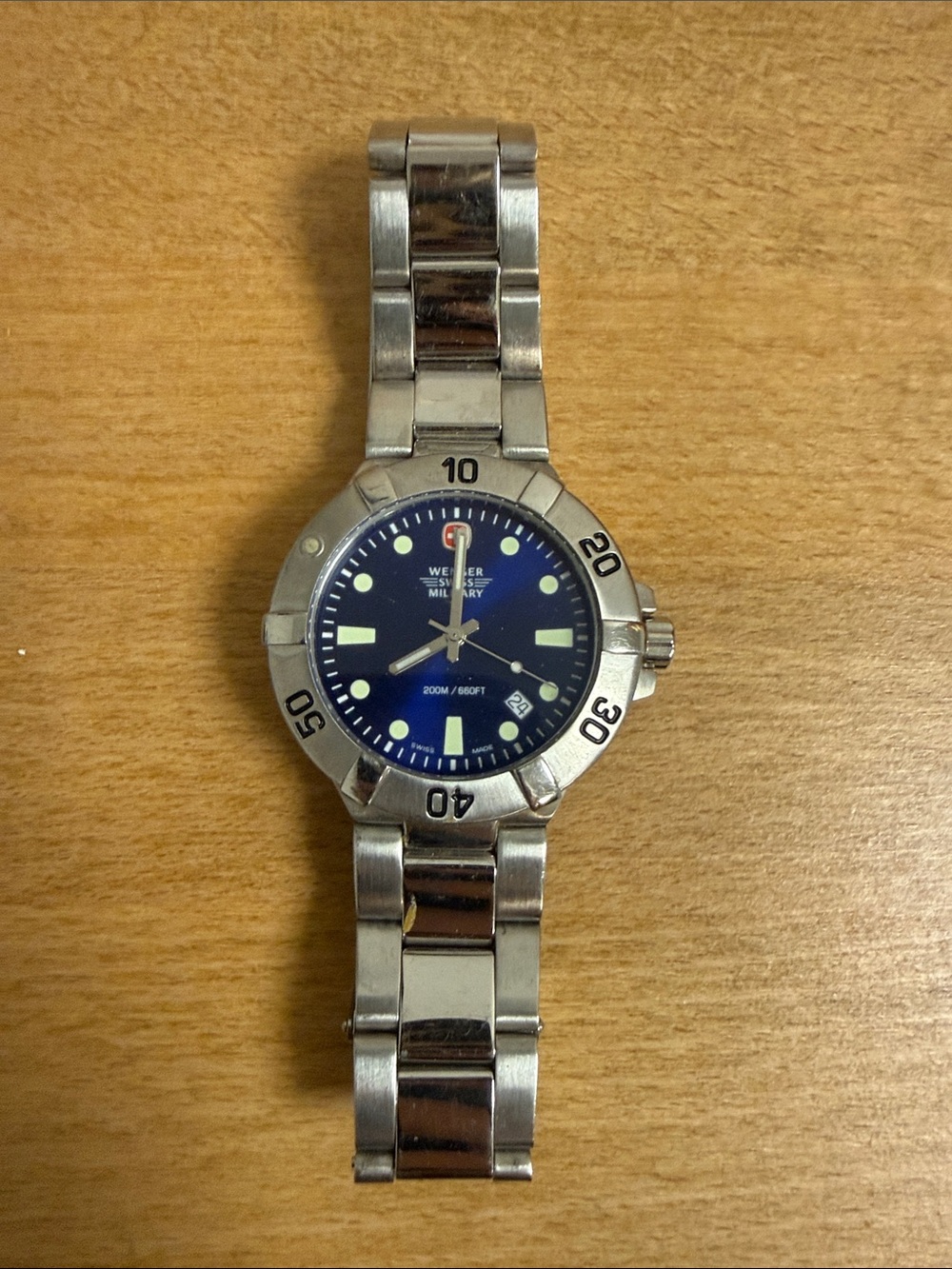 Wenger Swiss stainless steel silver tone watch blue face glow in the dark